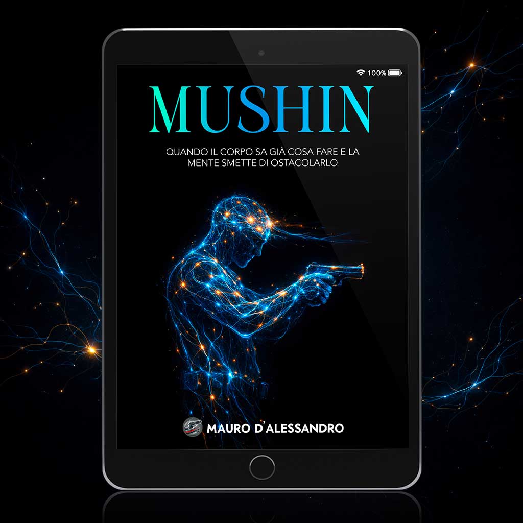 Copertina dell’eBook Il mushin nel tiro dinamico di Mauro D’Alessandro con tiratore stilizzato formato da reti neurali luminose su sfondo scuro
